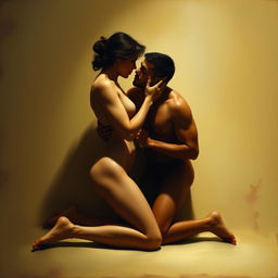 two figures intimately close together, one figure kneeling, hinting at a sensual interaction without explicit detail, capturing the mood through body language, soft shadows and smooth lighting, enhancing the sensual atmosphere