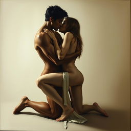 two figures intimately close together, one figure kneeling, hinting at a sensual interaction without explicit detail, capturing the mood through body language, soft shadows and smooth lighting, enhancing the sensual atmosphere