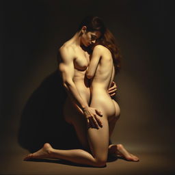 two figures intimately close together, one figure kneeling, hinting at a sensual interaction without explicit detail, capturing the mood through body language, soft shadows and smooth lighting, enhancing the sensual atmosphere