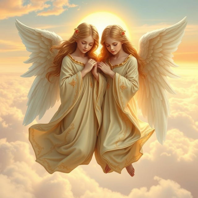 Twin angels with elegant, flowing robes, softly hovering in a serene, celestial landscape with a golden sunrise