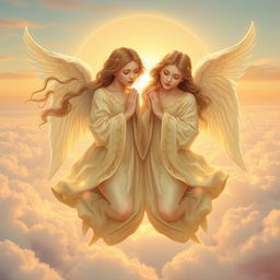 Twin angels with elegant, flowing robes, softly hovering in a serene, celestial landscape with a golden sunrise