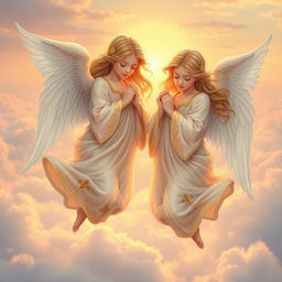 Twin angels with elegant, flowing robes, softly hovering in a serene, celestial landscape with a golden sunrise