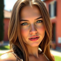 A 19-year-old Italian woman with striking light green eyes and rich brown hair cascading down her shoulders