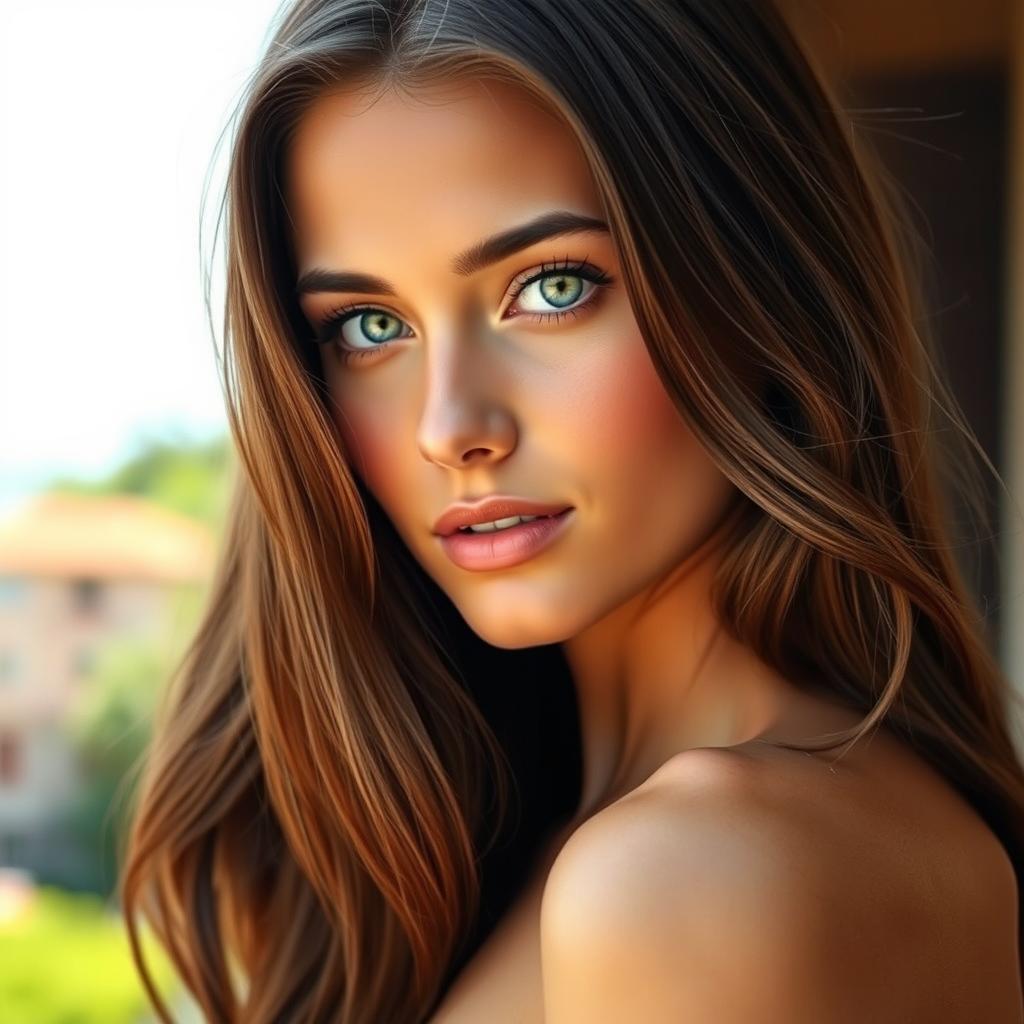 A 19-year-old Italian woman with striking light green eyes and rich brown hair cascading down her shoulders