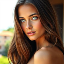 A 19-year-old Italian woman with striking light green eyes and rich brown hair cascading down her shoulders