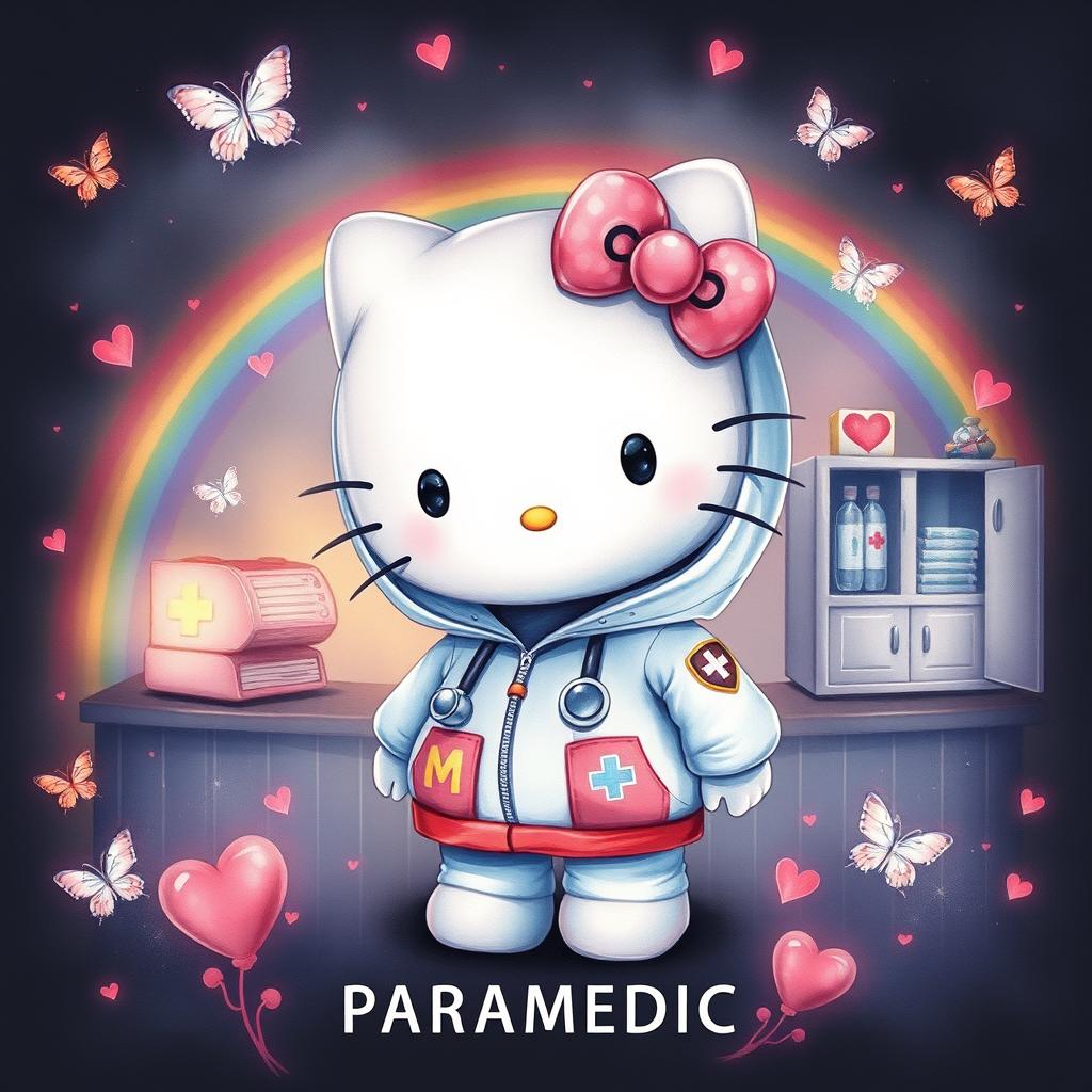 A dreamy dark fantasy watercolor illustration of Hello Kitty, adorned in paramedic hoodies