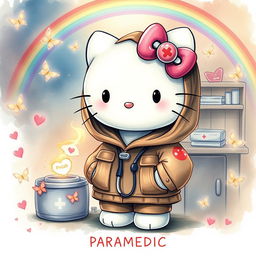 A dreamy dark fantasy watercolor illustration of Hello Kitty, adorned in paramedic hoodies