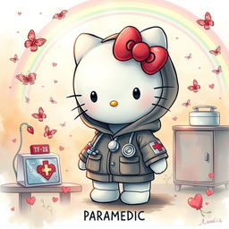 A dreamy dark fantasy watercolor illustration of Hello Kitty, adorned in paramedic hoodies