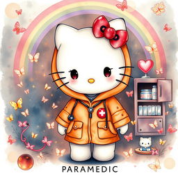 A dreamy dark fantasy watercolor illustration of Hello Kitty, adorned in paramedic hoodies