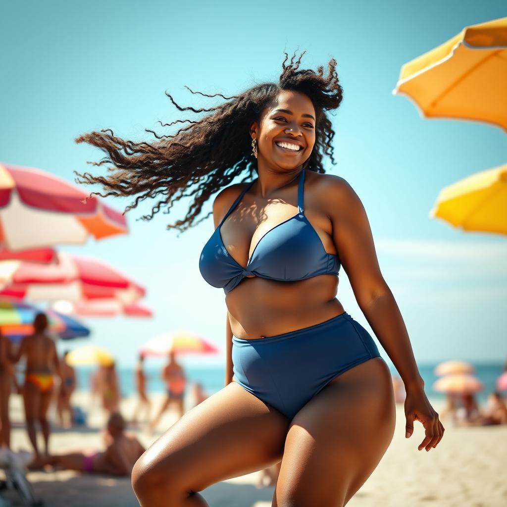 A young adult African woman with a curvy body and curly brunette hair blowing in the wind