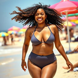 A young adult African woman with a curvy body and curly brunette hair blowing in the wind