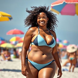 A young adult African woman with a curvy body and curly brunette hair blowing in the wind