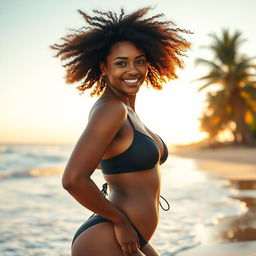 A female, African, young adult with a curvaceous body, curly brunette hair blowing dramatically in the wind, wearing a sexy and stylish two-piece swimsuit