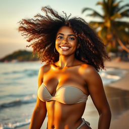 A female, African, young adult with a curvaceous body, curly brunette hair blowing dramatically in the wind, wearing a sexy and stylish two-piece swimsuit