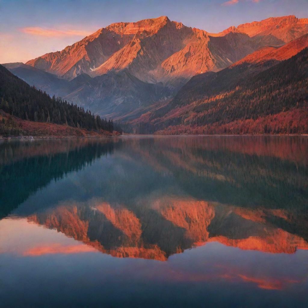 A serene sunset over a picturesque lake with a backdrop of majestic mountains, the sky painted with hues of red and orange.