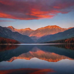 A serene sunset over a picturesque lake with a backdrop of majestic mountains, the sky painted with hues of red and orange.