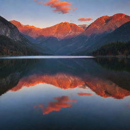 A serene sunset over a picturesque lake with a backdrop of majestic mountains, the sky painted with hues of red and orange.