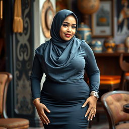 A voluptuous woman wearing a stylish hijab, confidently showcasing her curvaceous figure in an elegant and tasteful manner