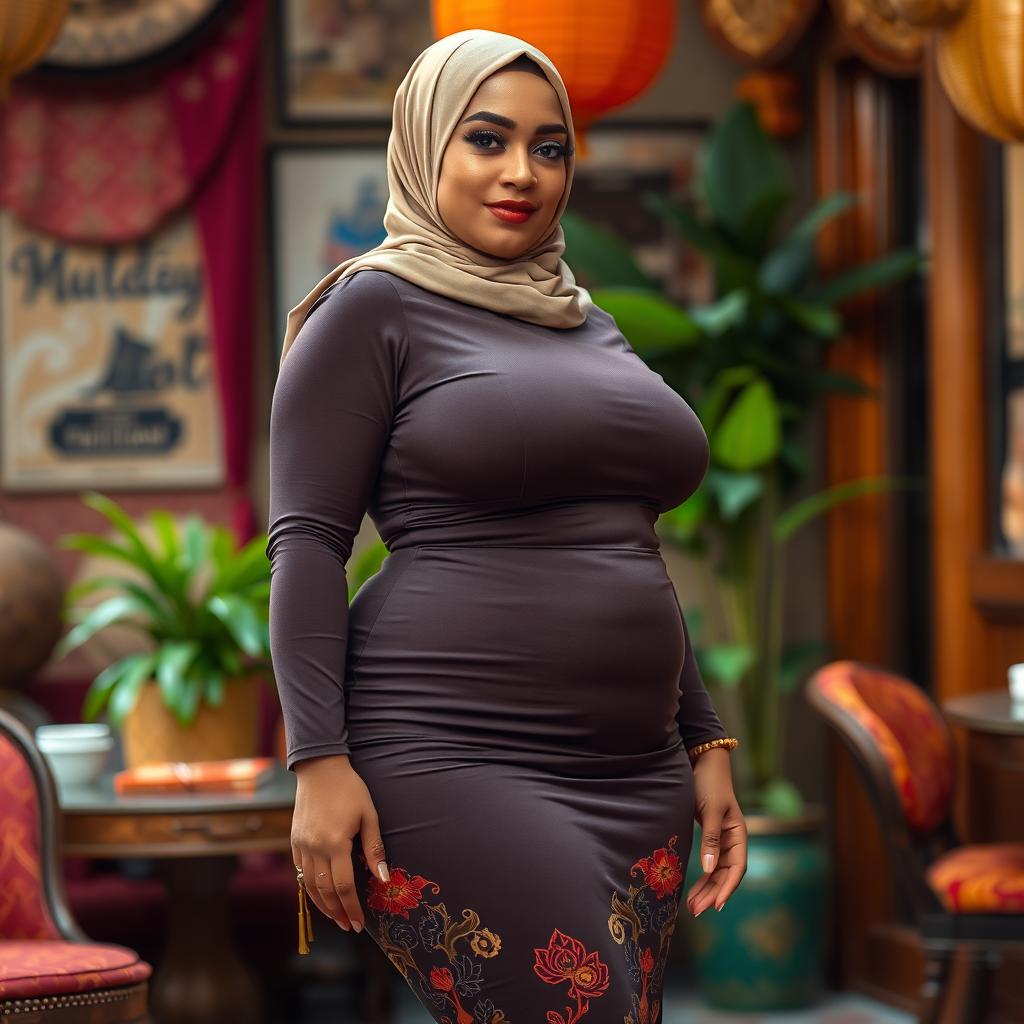 A voluptuous woman wearing a stylish hijab, confidently showcasing her curvaceous figure in an elegant and tasteful manner