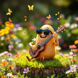 A playful scene featuring a potato character enthusiastically playing a ukulele