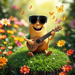 A playful scene featuring a potato character enthusiastically playing a ukulele