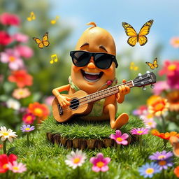 A playful scene featuring a potato character enthusiastically playing a ukulele