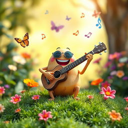 A playful scene featuring a potato character enthusiastically playing a ukulele