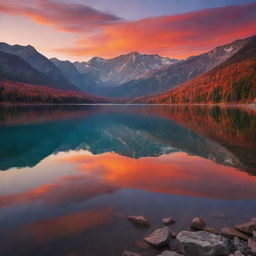 A serene sunset over a picturesque lake with a backdrop of majestic mountains, the sky painted with hues of red and orange.