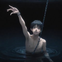 A tormented anime boy, chained hand stretching up through the deep, dark water, reaching toward an unseen person with desperation.