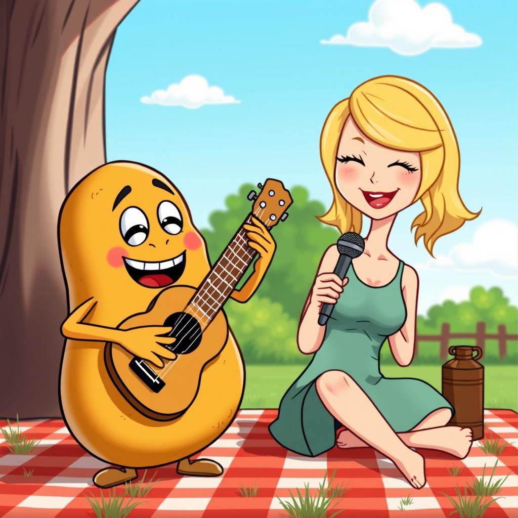 A whimsical scene featuring a cartoon potato character, humorously playing a ukulele, alongside a stylized representation of Taylor Swift