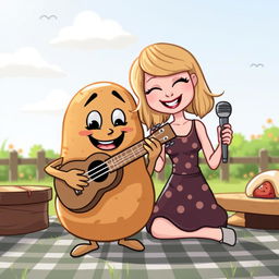 A whimsical scene featuring a cartoon potato character, humorously playing a ukulele, alongside a stylized representation of Taylor Swift