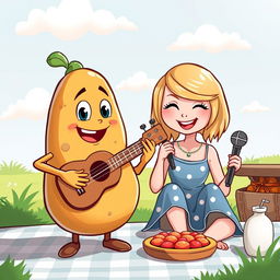 A whimsical scene featuring a cartoon potato character, humorously playing a ukulele, alongside a stylized representation of Taylor Swift