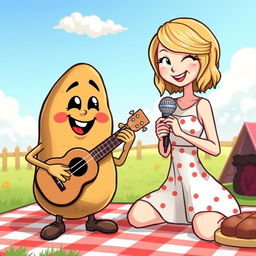 A whimsical scene featuring a cartoon potato character, humorously playing a ukulele, alongside a stylized representation of Taylor Swift