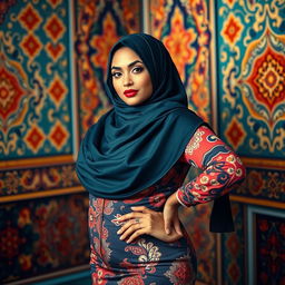 A voluptuous woman wearing a stylish hijab, accentuating her curvaceous figure with confidence and elegance