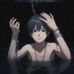 A tormented anime boy, chained hand stretching up through the deep, dark water, reaching toward an unseen person with desperation.