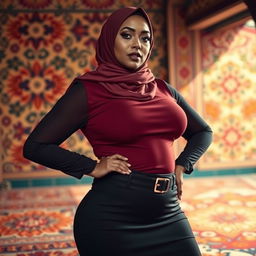 A voluptuous woman wearing a stylish hijab, accentuating her curvaceous figure with confidence and elegance