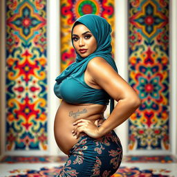 A voluptuous woman wearing a stylish hijab, accentuating her curvaceous figure with confidence and elegance