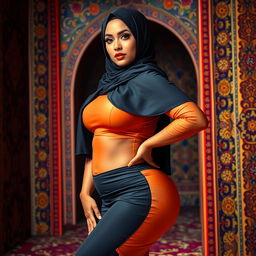 A voluptuous woman wearing a stylish hijab, accentuating her curvaceous figure with confidence and elegance