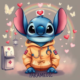 A dreamy dark fantasy watercolor illustration of Stitch, the animated character, wearing paramedic hoodies