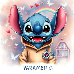 A dreamy dark fantasy watercolor illustration of Stitch, the animated character, wearing paramedic hoodies