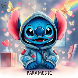 A dreamy dark fantasy watercolor illustration of Stitch, the animated character, wearing paramedic hoodies