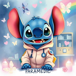 A dreamy dark fantasy watercolor illustration of Stitch, the animated character, wearing paramedic hoodies