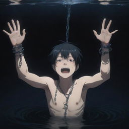 A tormented anime boy, chained hand stretching up through the deep, dark water, reaching toward an unseen person with desperation.