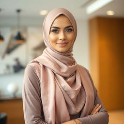 A confident woman wearing a beautifully styled hijab, exuding elegance and poise in a modern setting