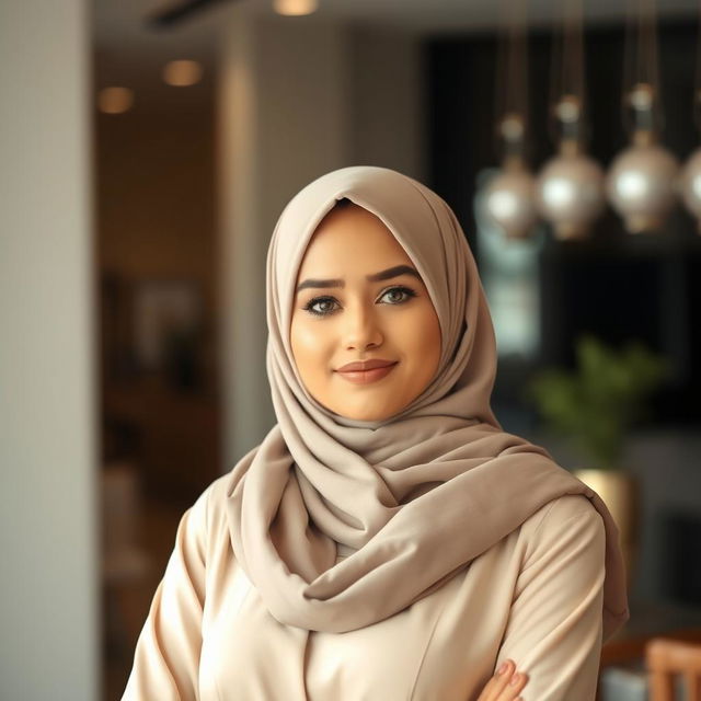 A confident woman wearing a beautifully styled hijab, exuding elegance and poise in a modern setting