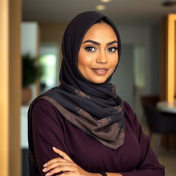 A confident woman wearing a beautifully styled hijab, exuding elegance and poise in a modern setting