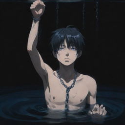 A tormented anime boy, chained hand stretching up through the deep, dark water, reaching toward an unseen person with desperation.