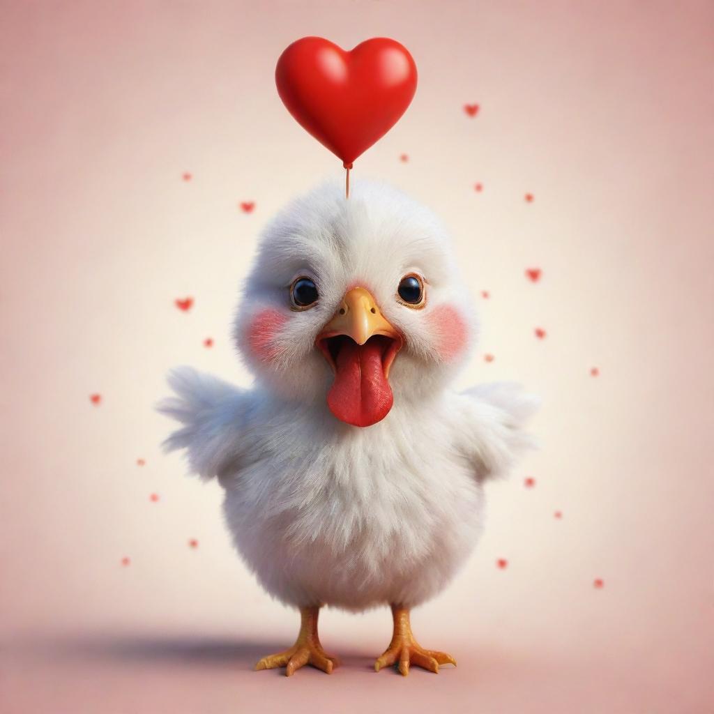 A cute chicken with a vibrant red heart symbol emanating warmth and love