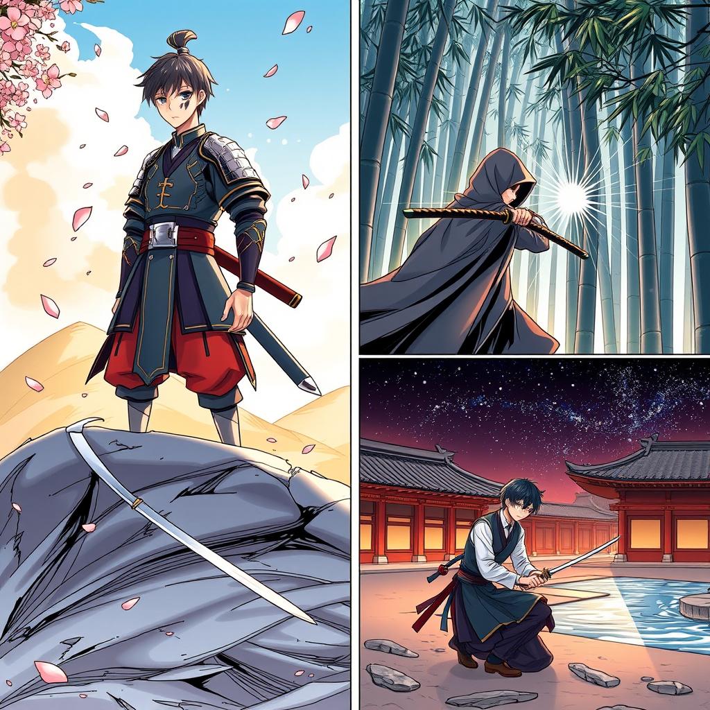 A manga series illustration divided into four parts, each focusing on a unique facet of the main character: 
1