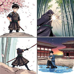 A manga series illustration divided into four parts, each focusing on a unique facet of the main character: 
1